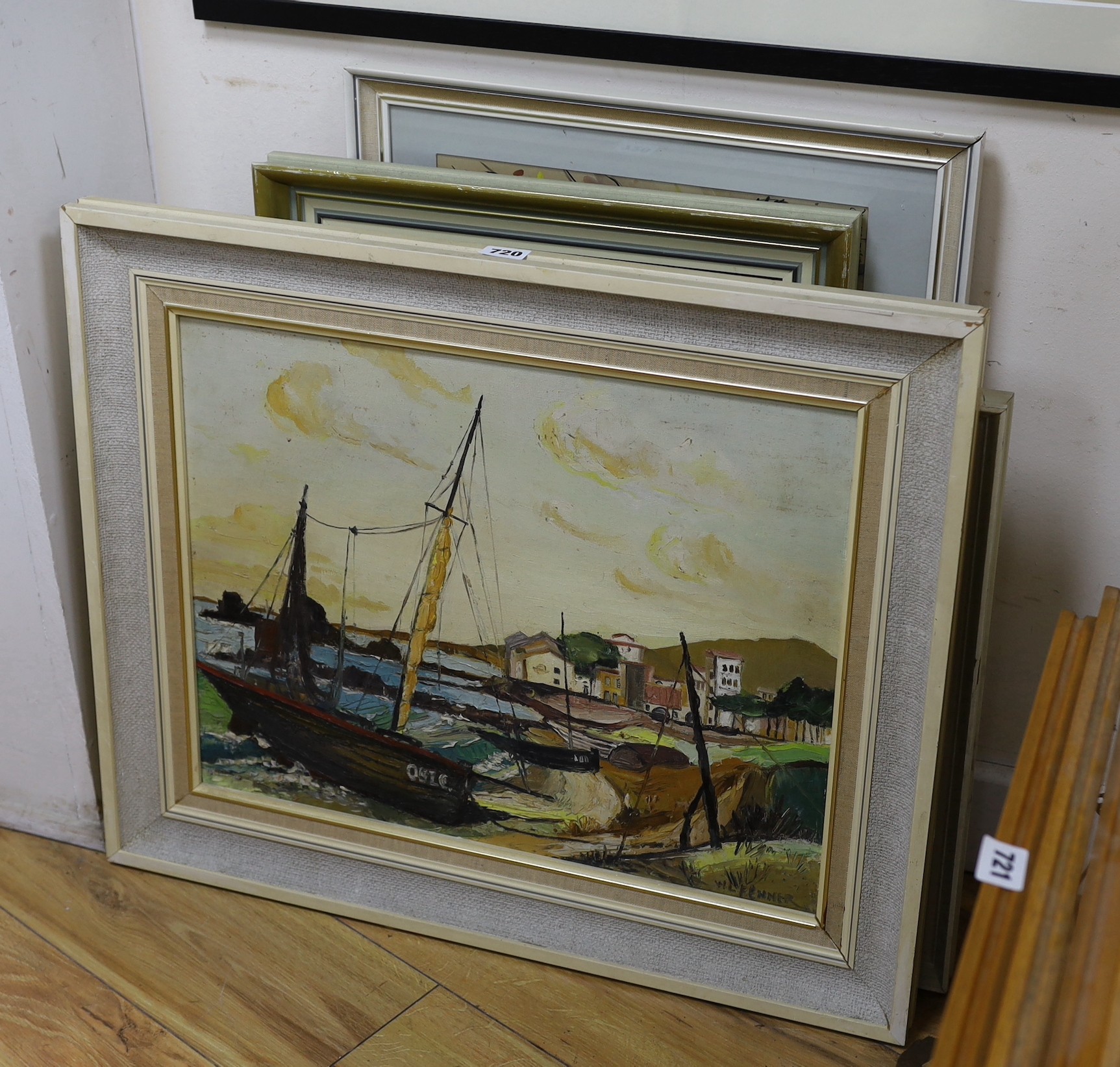 Walter Leslie Fenner (1927-2007), five oils and a watercolour, Coastal view and assorted landscapes, signed, largest 38 x 49cm
